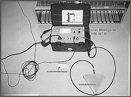 Prüfung elektrischer Widerstandsgrößen (Erdableitwiderstand/Durchgangswiderstand, Oberflächenwiderstand) an Fußbodenoberflächen und Bodenbelägen sowie Verlegewerkstoffmaterialien.